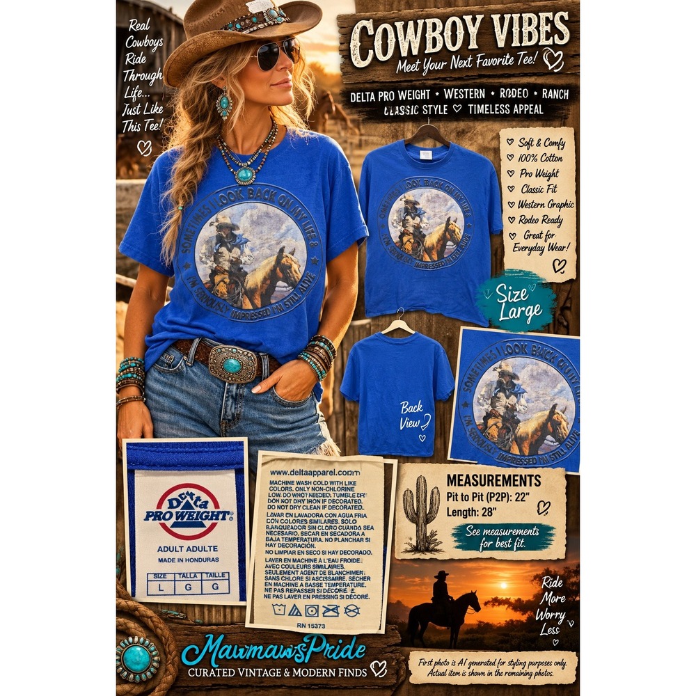 Delta Pro Weight Cowboy Horse Graphic T Shirt L Western Rodeo Ranch Humor